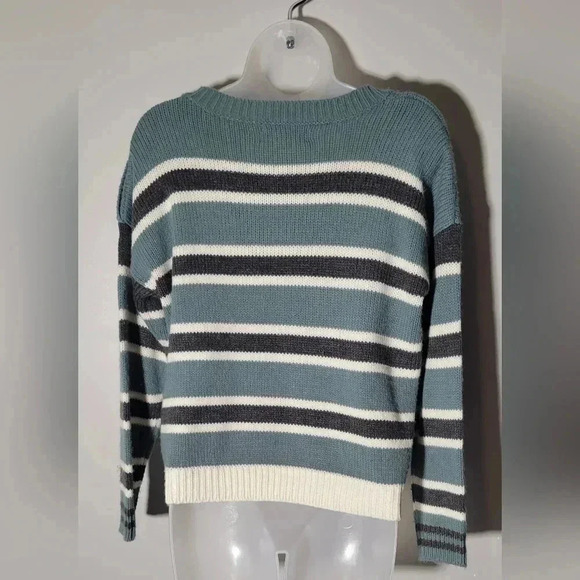 Pink Rose, Striped cropped knit sweater, sage, ivory & gray, womens size LG - Picture 2 of 9